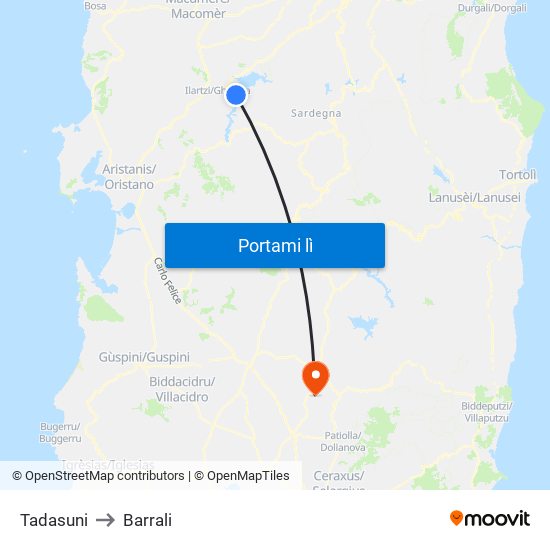 Tadasuni to Barrali map