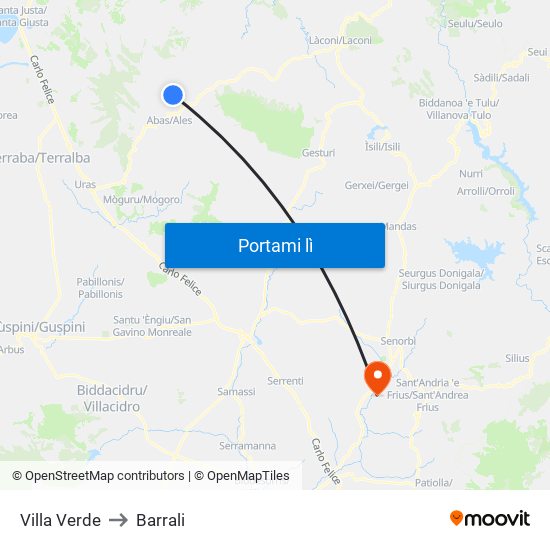 Villa Verde to Barrali map