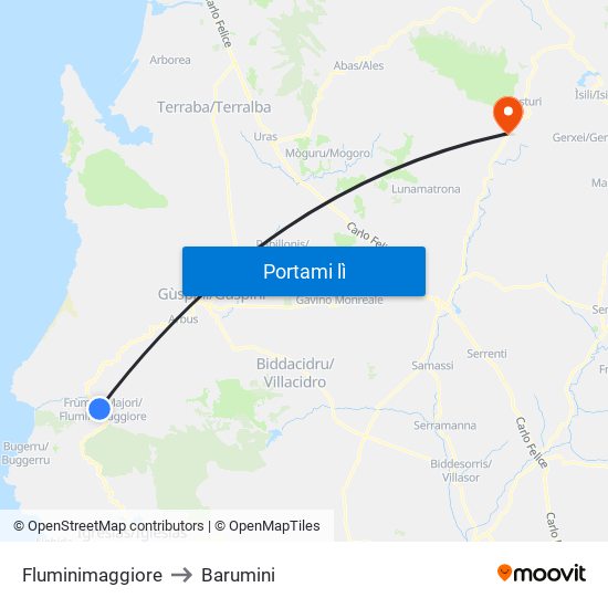 Fluminimaggiore to Barumini map