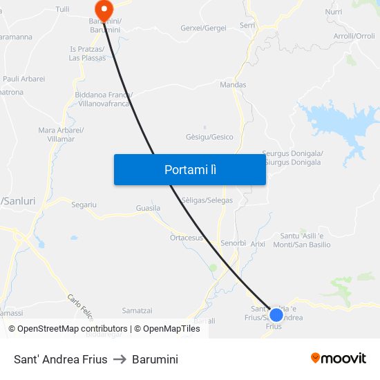 Sant' Andrea Frius to Barumini map