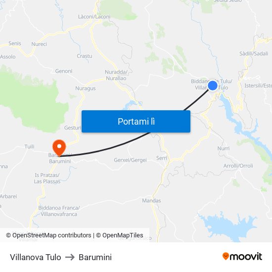 Villanova Tulo to Barumini map