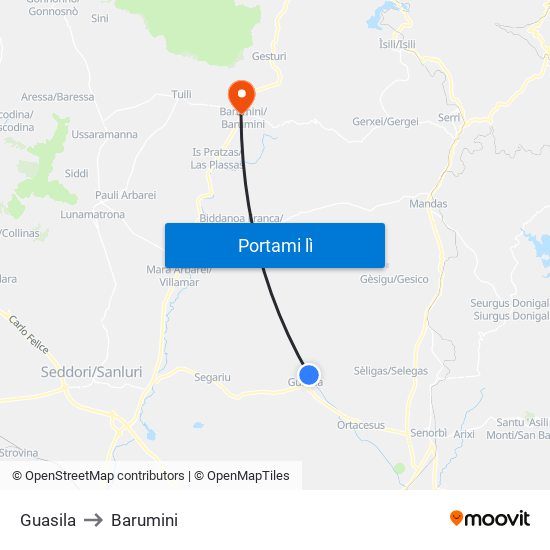 Guasila to Barumini map