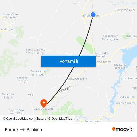 Borore to Bauladu map