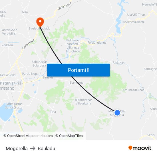 Mogorella to Bauladu map