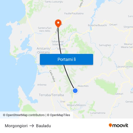 Morgongiori to Bauladu map