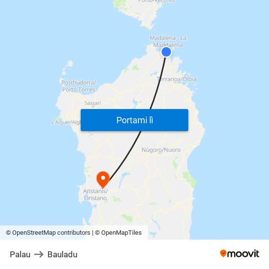 Palau to Bauladu map