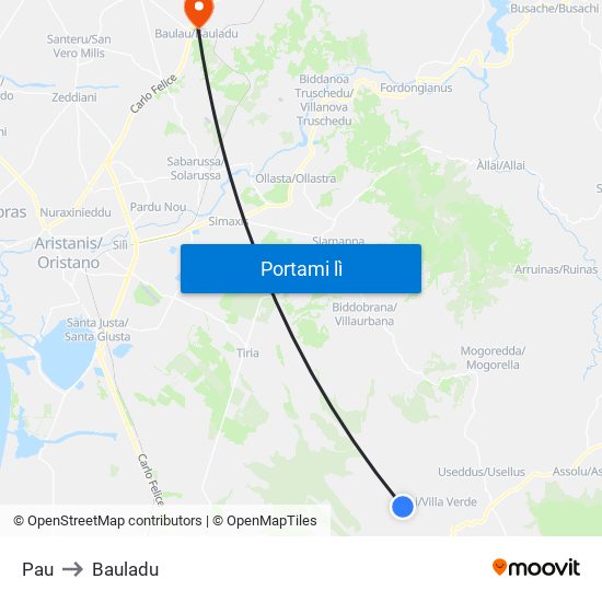 Pau to Bauladu map