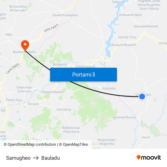 Samugheo to Bauladu map