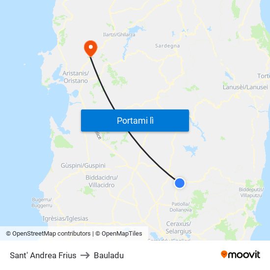 Sant' Andrea Frius to Bauladu map