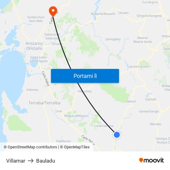 Villamar to Bauladu map