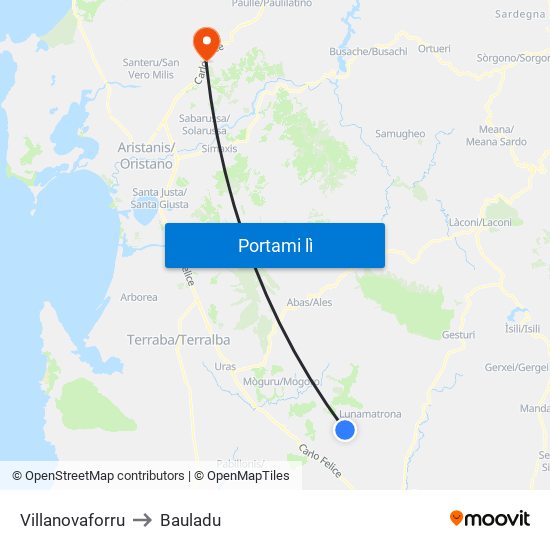Villanovaforru to Bauladu map