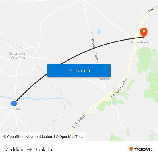 Zeddiani to Bauladu map