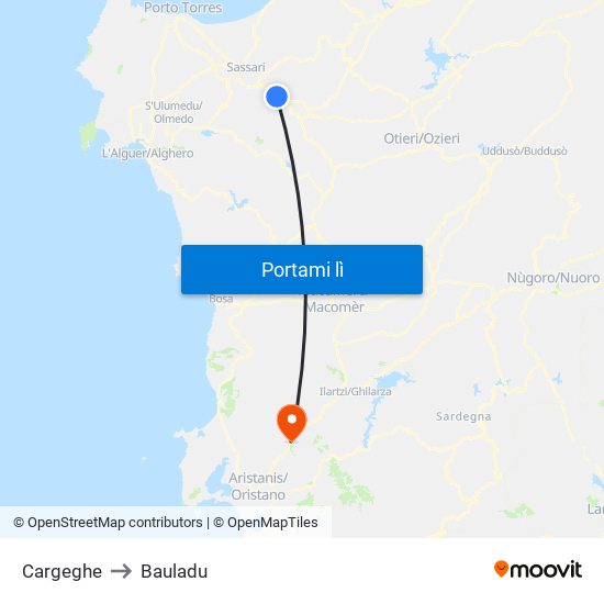 Cargeghe to Bauladu map