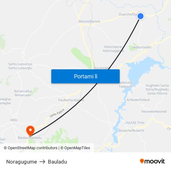 Noragugume to Bauladu map