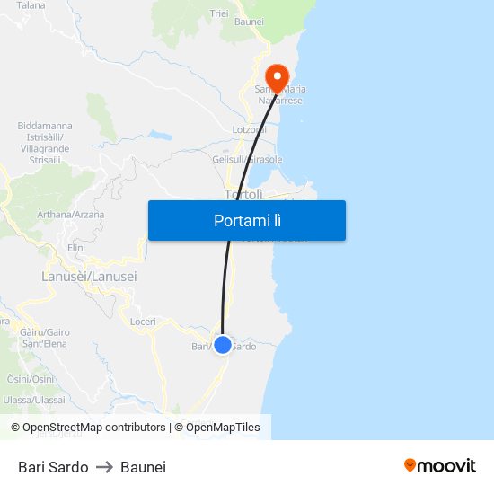 Bari Sardo to Baunei map