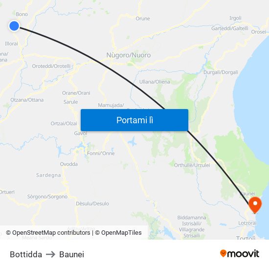 Bottidda to Baunei map