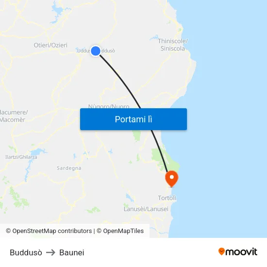Buddusò to Baunei map