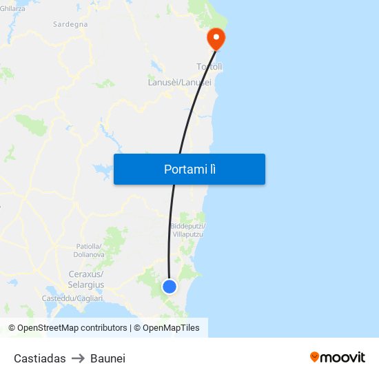 Castiadas to Baunei map
