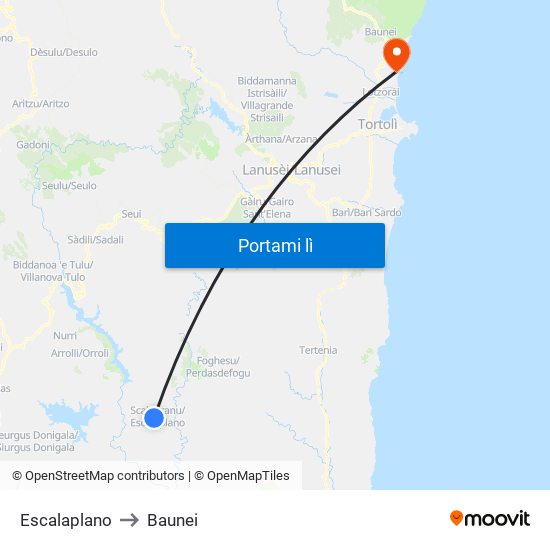 Escalaplano to Baunei map