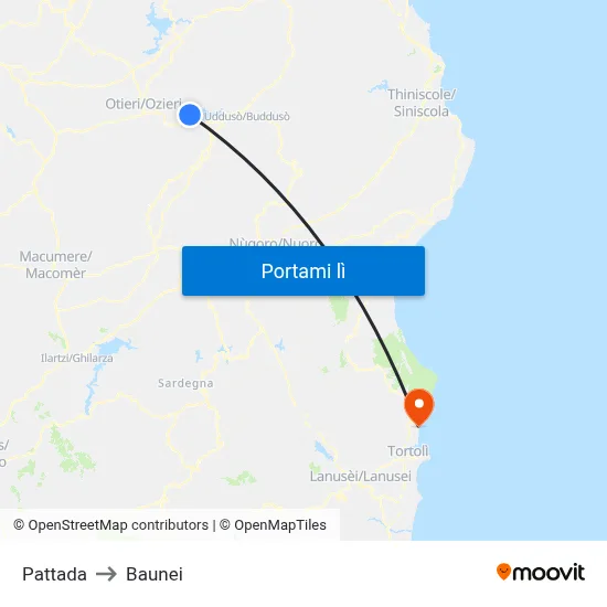 Pattada to Baunei map