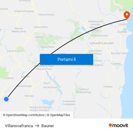 Villanovafranca to Baunei map