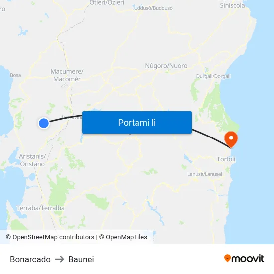Bonarcado to Baunei map