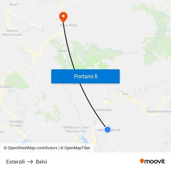 Esterzili to Belvi map