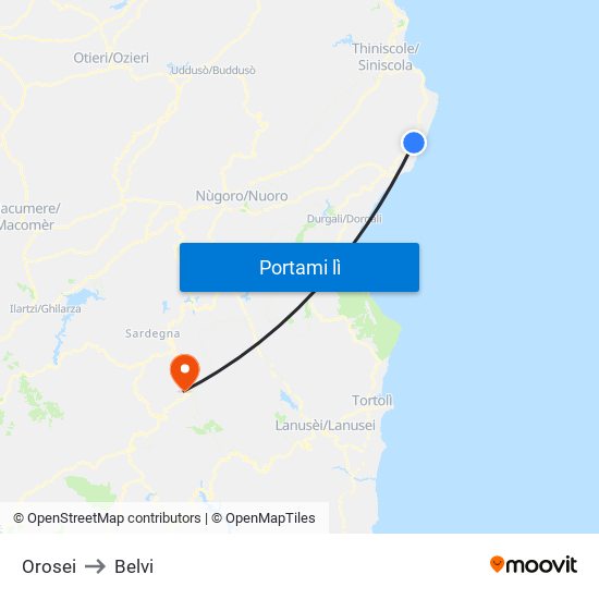 Orosei to Belvi map