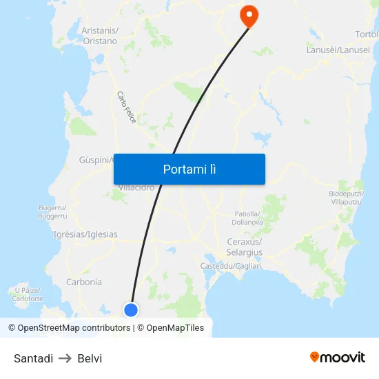 Santadi to Belvi map