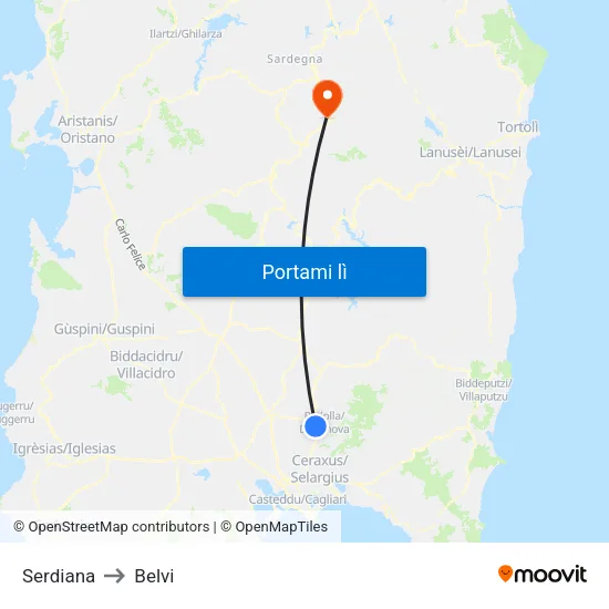Serdiana to Belvi map