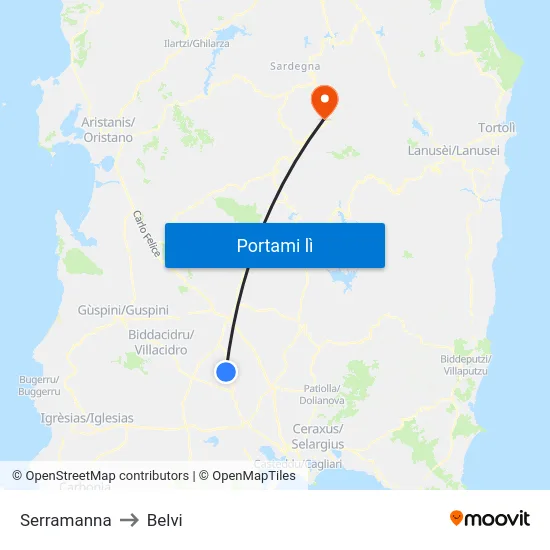 Serramanna to Belvi map