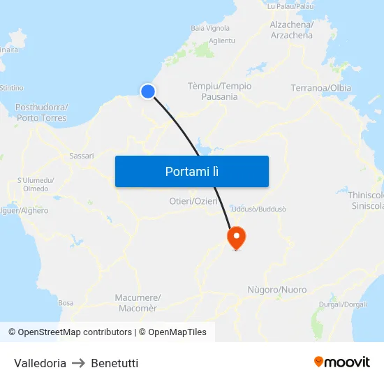 Valledoria to Benetutti map
