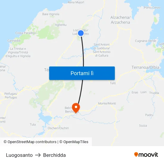 Luogosanto to Berchidda map
