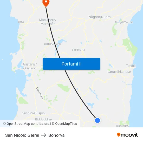 San Nicolò Gerrei to Bonorva map
