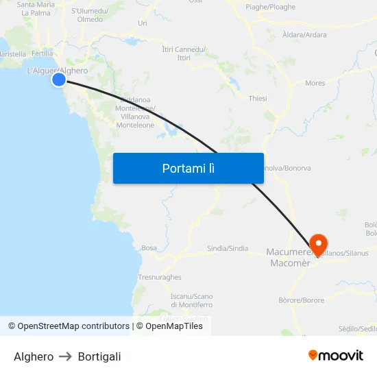 Alghero to Bortigali map
