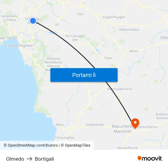 Olmedo to Bortigali map