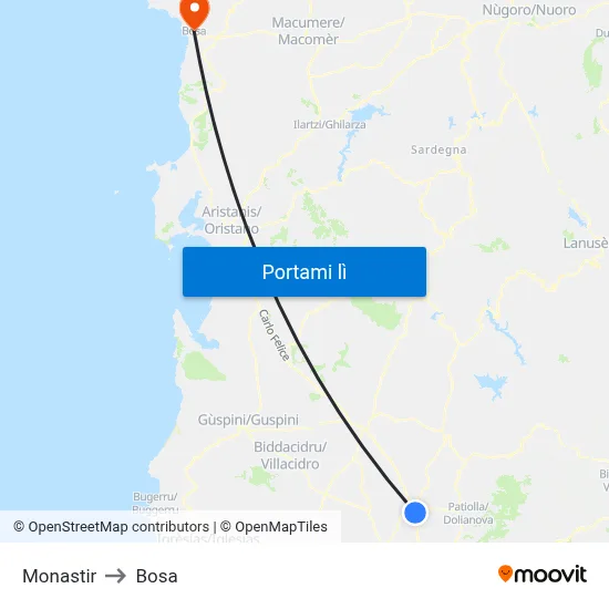 Monastir to Bosa map