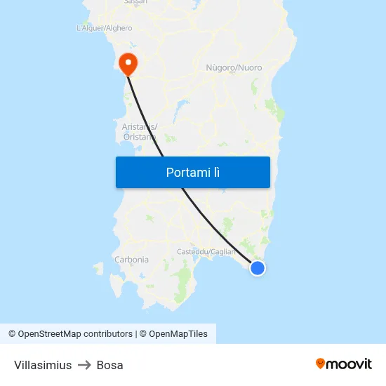 Villasimius to Bosa map