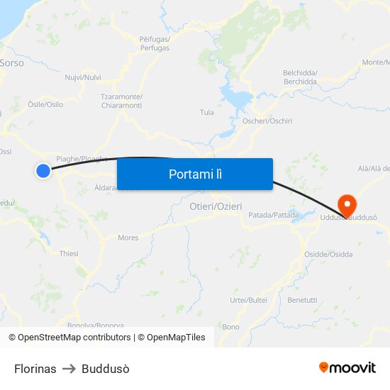 Florinas to Buddusò map