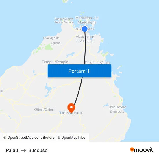 Palau to Buddusò map