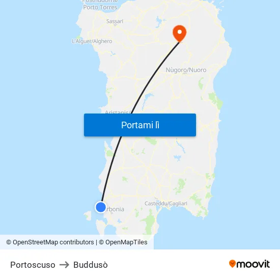 Portoscuso to Buddusò map