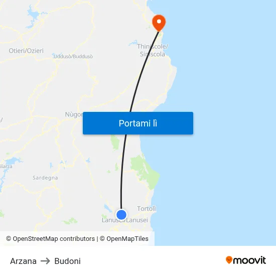Arzana to Budoni map