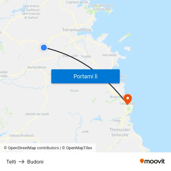 Telti to Budoni map