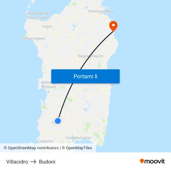 Villacidro to Budoni map