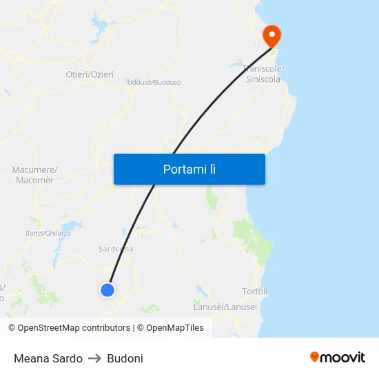 Meana Sardo to Budoni map