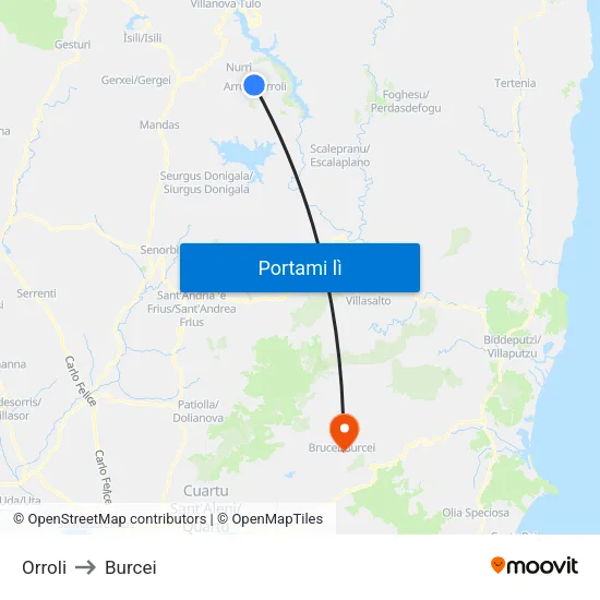 Orroli to Burcei map