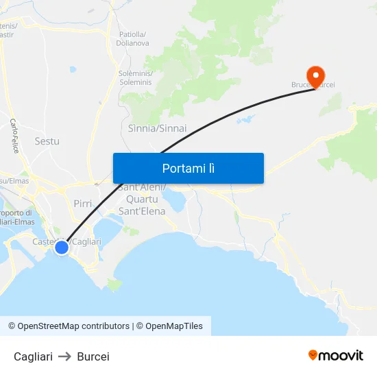Cagliari to Burcei map