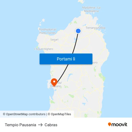 Tempio Pausania to Cabras map