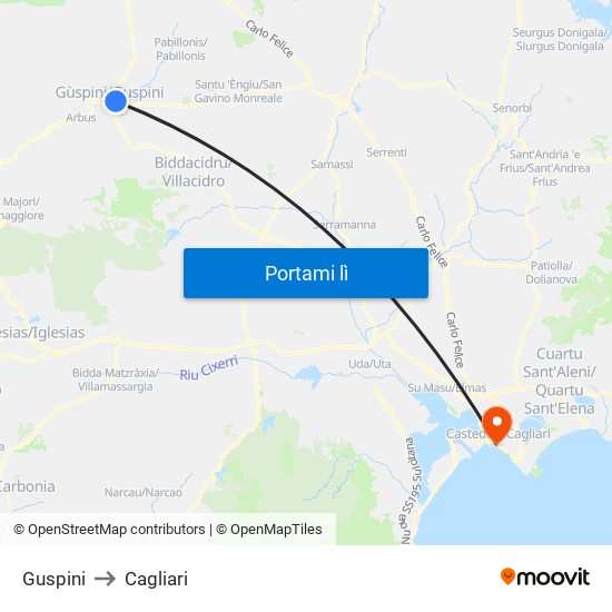 Guspini to Cagliari map