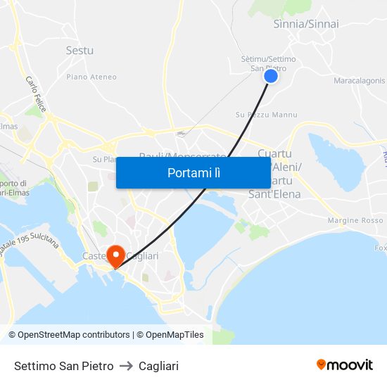Settimo San Pietro to Cagliari map